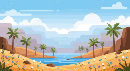 Desert Oasis Landscape with Palm Trees, River, and Flowers