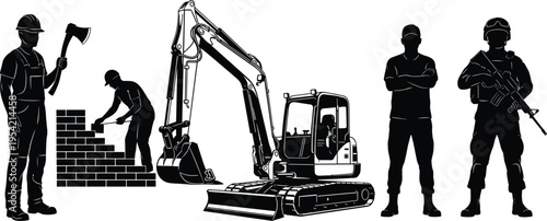 Silhouette soldiers advancing forward with rifles, helmets, backpacks, and tactical gear, military illustration symbolizing combat readiness, battlefield discipline, armed forces defen