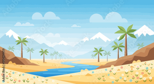 Desert Oasis Landscape with Palm Trees, River, Mountains, and Flowers