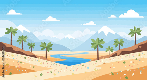 Desert Oasis Landscape with River, Palm Trees, Mountains, and Blue Sky