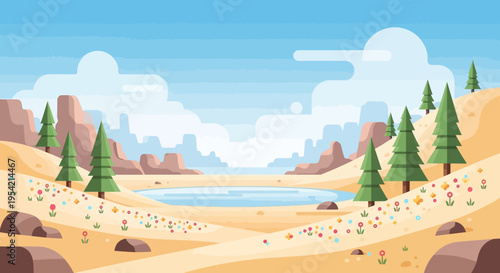 Desert Oasis Landscape with Pine Trees and Wildflowers