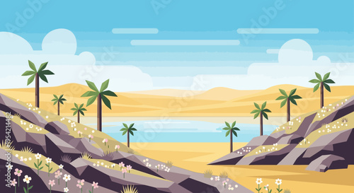 Desert Oasis Landscape with Palm Trees, Rocky Hills, and Lake