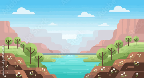 Flat Design Grand Canyon Landscape with River and Trees