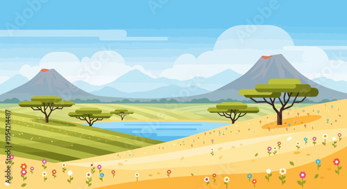 Flat Design African Savannah Landscape with Volcanoes, Trees, Lake, and Flowers