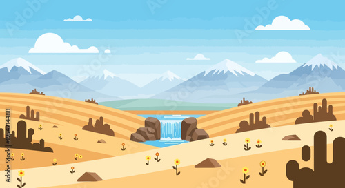 Desert Oasis Landscape with Waterfall, Mountains, and Blooming Sunflowers