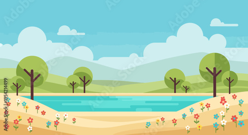 Flat Design Landscape with Lake, Trees, and Flowers - Vector Illustration