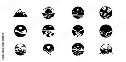 Abstract landscape icon set isolated on black background