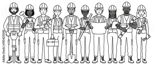 Diverse group of construction workers standing together vector illustration