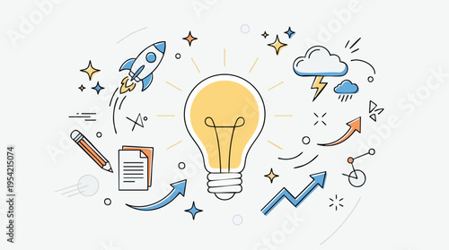 Creative mind map with a glowing light bulb surrounded by work tools, charts, and clouds illustrating innovation, ideas, and business growth