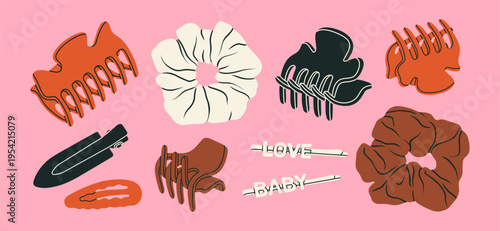 Set of hair claw clips, scrunchies and hair pins. Ideal for fashion blogs, product packaging, online stores, hairstyle guides and commercial branding. Vector illustration, cute  design.
