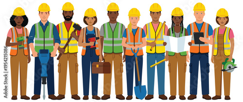 Diverse group of construction workers standing together vector illustration