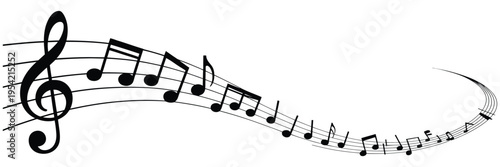 Vector illustration of flowing musical notes forming wave, including treble and bass clef, melody, and sheet music on white background for music and audio design