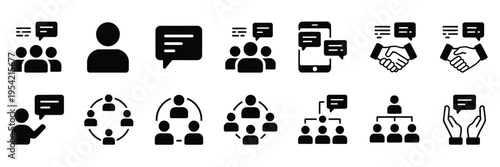 Opinion and insight vector icon set featuring group of people, discussion, comment, dialogue, communication, and advice for teamwork, collaboration, brainstorming, and social interaction illustration