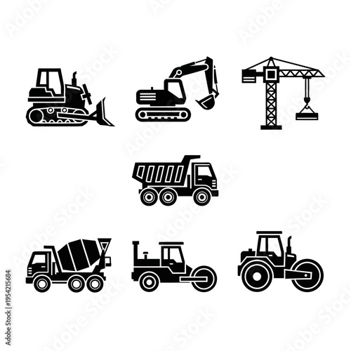 Construction Vehicles Set: Bulldozer, Excavator, Crane, Dump Truck, Mixer, Rollers