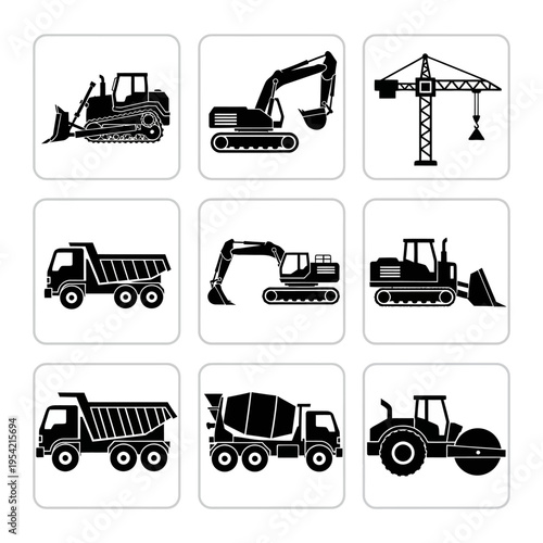 Construction Vehicles Set: Bulldozer, Excavator, Crane, Trucks, Mixer, Roller
