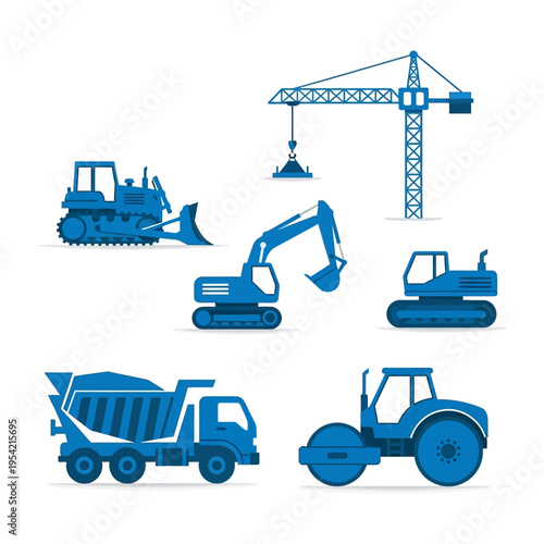 Construction Vehicles Set: Bulldozer, Excavator, Crane, Dump Truck, Roller, Mini Excavator