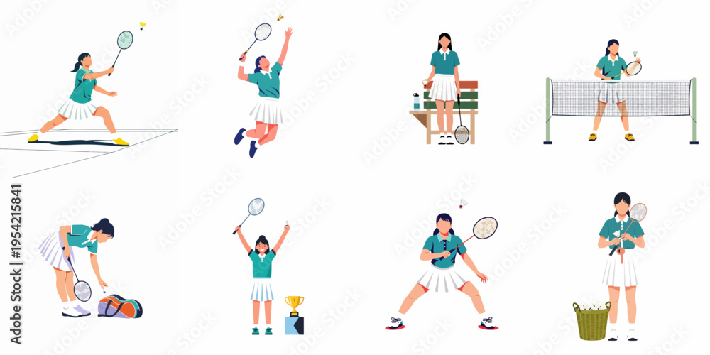 Fototapeta premium Set of flat vector illustrations featuring women participating in various badminton activities including playing matches, serving, and celebrating victory.