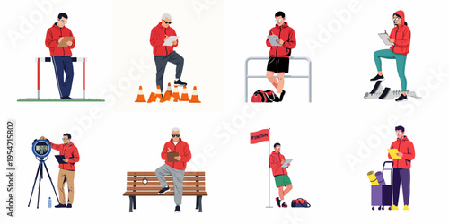 Collection of Sports Coaches and Officials Illustrations in Various Athletic Settings with Equipment and Clipboards