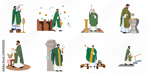 Flat vector illustrations of a Catholic priest performing various religious liturgical rituals including blessings, incense ceremonies, and the celebration of Holy Mass.