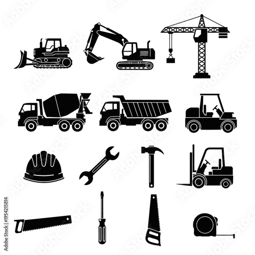 Construction Vehicles and Tools Icons Set: Excavator, Crane, Truck, Forklift, Tools