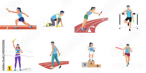 Set of flat vector illustrations featuring athletes in various relay race stages such as starting, running, passing the baton, and celebrating victory.