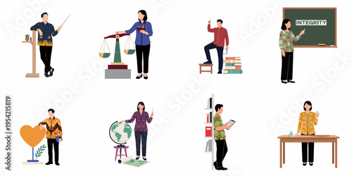 Diverse Set of Indonesian Teachers and Professionals in Traditional Batik Outfits Illustrating Various Educational Subjects and Ethical Values