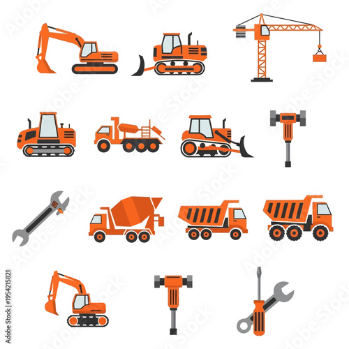 Construction Vehicles and Equipment Set: Excavator, Crane, Trucks, Bulldozer, Tools