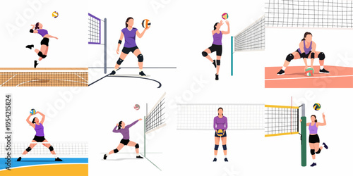 Collection of eight flat vector illustrations featuring female volleyball players in various action poses, including spiking, serving, and defensive moves.