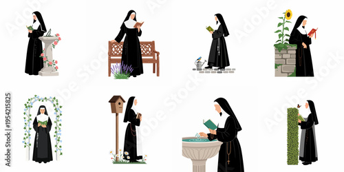 Set of eight flat vector illustrations featuring a Catholic nun in various serene garden settings reading and contemplating in nature.