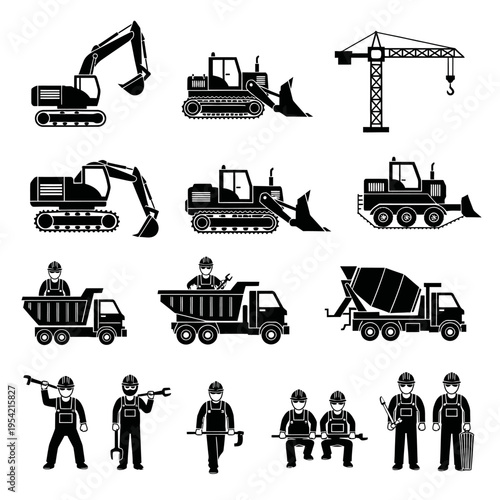 Construction vehicles and workers set, heavy machinery, industrial equipment icons