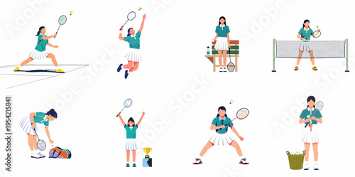 Set of flat vector illustrations featuring women participating in various badminton activities including playing matches, serving, and celebrating victory.