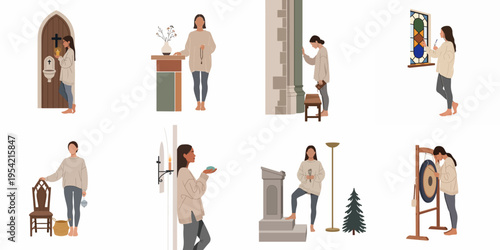 Minimalist illustrations of a woman performing various spiritual and religious rituals including prayer, meditation, and mindfulness in diverse sacred spaces.