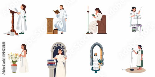 Set of diverse religious character illustrations featuring girls and young women in various church activities such as singing, praying, and reading.