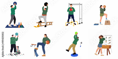 Flat illustration set of diverse people performing various gym exercises using medicine balls, mats, and other fitness equipment on a white background.