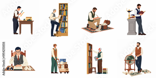 Vintage Scholars and Researchers Vector Illustration Set Featuring Archivists, Librarians, and Writers in Historical Attire Engaged in Academic and Literary Work