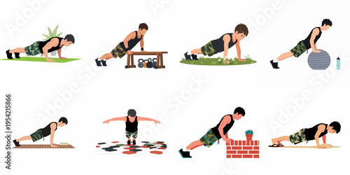 Set of flat vector illustrations showing a young man doing push-ups on mats, grass, sand, and with various fitness equipment.