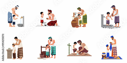 Set of flat illustrations depicting a Muslim father teaching his son various daily Islamic rituals, traditions, and hygiene practices in traditional attire.