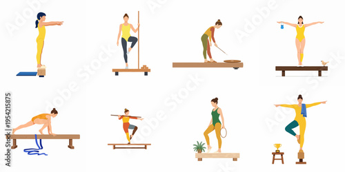 Set of flat vector illustrations of diverse female gymnasts performing balancing exercises and rhythmic routines on wooden beams.
