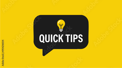 Illustration of a speech bubble with light bulb icon and quick tips text for creative ideas and communication concepts