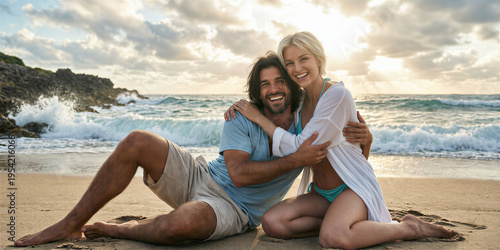 Smiling couple sitting together on a sandy beach with rocky shoreline and crashing waves in the background under a cloudy sky with sunlight peeking through.
