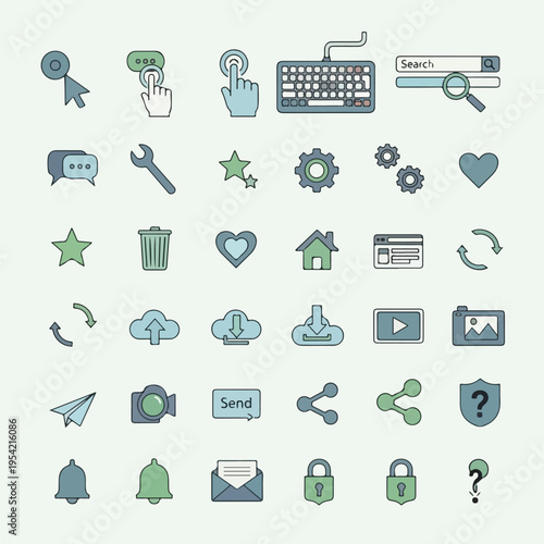 Collection of various digital design-related icons for apps and web