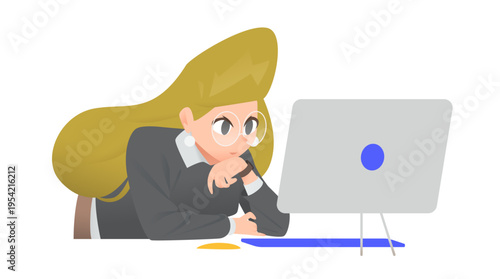 Laptop Woman Work Character for A Person or People Working on A Computer with A Happy and Professional Way. A Smiling Woman in An Office or at Home with Vector Illustration