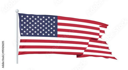 National flag of the United States of America waving on a flagpole isolated on white. Detailed vector graphic with thirteen stripes and fifty stars for patriotic celebration.
