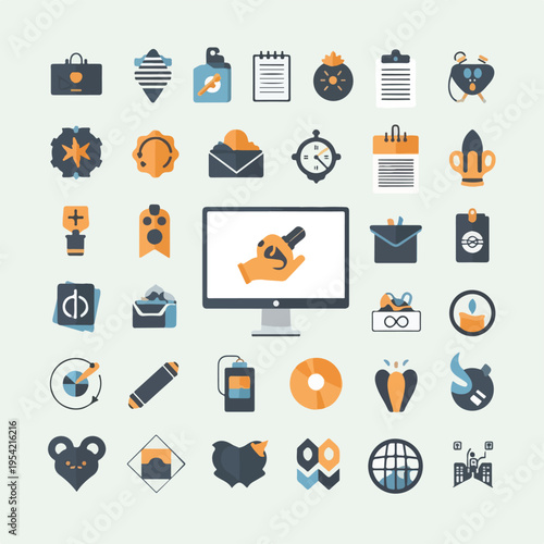 Collection of various flat icons related to work, technology, finance, and design