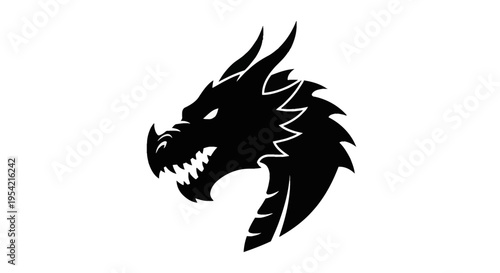 Black silhouette of a dragon head with sharp horns and jagged mane, side profile view of a mythical creature with open mouth showing teeth, vector illustration on white background.