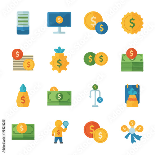 Collection of various flat icons representing business, money and finance