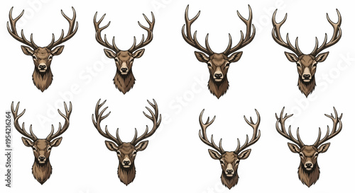 Set of eight detailed vintage deer head vector graphics featuring large stag antlers and neutral earth tones, isolated on white for hunting logos, emblems, and outdoor designs.