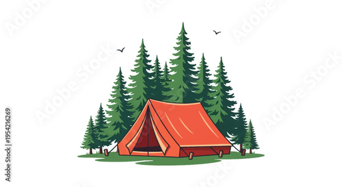 Vector illustration of a classic orange A-frame camping tent set up in a lush green pine forest clearing with birds flying overhead, isolated on a clean white background.