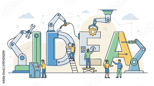 Illustration of Robotic Manufacturing and Automation Process with Human Workers and Machinery
