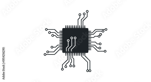 Black silhouette of a square microchip central processing unit with integrated circuit board traces and circular connection points isolated on a solid white background for tech.